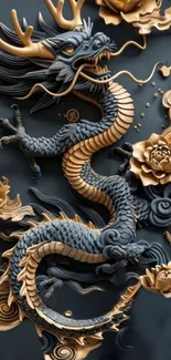 Golden dragon art with floral decorations.