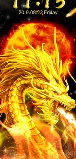 Golden dragon breathing fire in cosmic sky wallpaper.