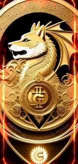 Golden emblem of dragon and dog on black background wallpaper.