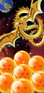 Golden dragon with orange orbs in a cosmic backdrop.