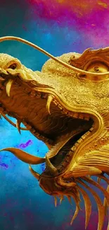 Golden dragon with vibrant colors on a fantasy-themed mobile wallpaper.