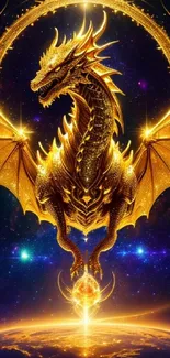 Golden dragon artwork with cosmic background for mobile wallpaper.