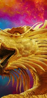 Golden dragon with vibrant colorful background.