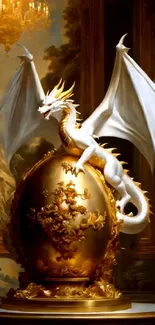 Majestic white dragon on golden egg in fantasy art wallpaper.