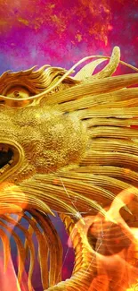 Golden dragon with vibrant cosmic background, ideal for fantasy wallpaper lovers.