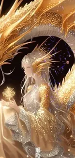 Golden dragon and maiden fantasy wallpaper with magic and shimmering details.