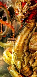 Majestic golden dragon fantasy art wallpaper with intricate details.