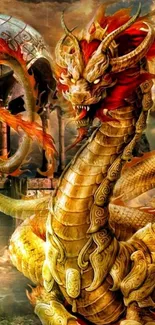 Vivid and fiery golden dragon artwork for mobile wallpaper.