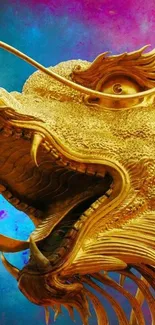 Golden dragon sculpture on vibrant blue and purple background.