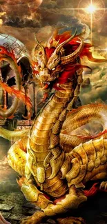 Golden dragon fantasy wallpaper with fiery background.