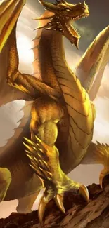 Majestic golden dragon on rocky ledge in fantasy art style.