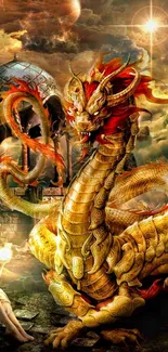 Golden dragon in mystical fantasy setting, exuding otherworldly charm.