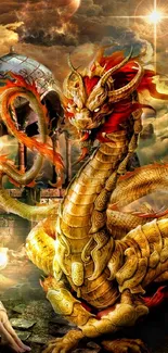 Golden dragon in a mystical fantasy scene with ornate details.