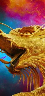 Golden dragon with vibrant colors fantasy wallpaper.