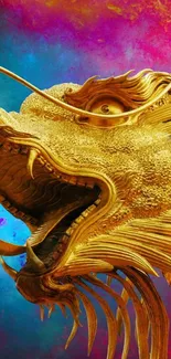 Golden dragon on bright blue and pink background.