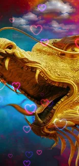 Golden dragon with colorful hearts and clouds in vibrant wallpaper.