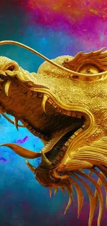 Golden dragon against vibrant blue background.