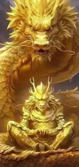 Golden dragon fantasy mobile wallpaper with mystical elements.