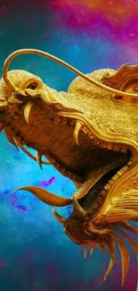 Majestic golden dragon on vivid background.