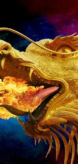 Golden dragon breathing fire with cosmic background.