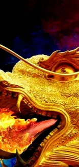 Golden dragon breathing fire art wallpaper with vibrant colors.