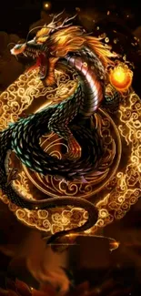 Majestic golden dragon wallpaper with fiery details and mythical charm.