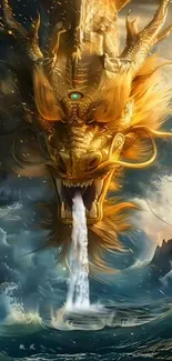 Golden dragon with flowing mane over stormy seas in fantasy art style.