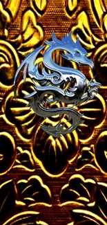 Silver dragon on gold ornate background, bold and elegant design.