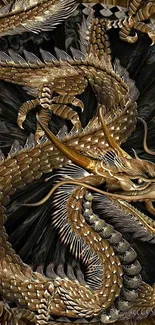 Intricate golden dragon on dark background mobile wallpaper.