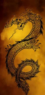 Intricate golden dragon on a fiery, smoky background for mobile wallpaper.