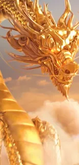 Golden dragon soaring in the sky surrounded by clouds.