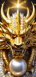 Golden dragon design with intricate details and pearl.