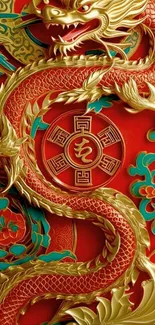 Golden dragon with intricate red background design.