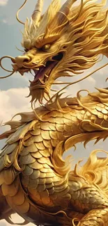Majestic golden dragon with cloudy sky background, ideal for phone wallpaper.