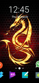 Golden dragon on dark hexagonal background with app icons.