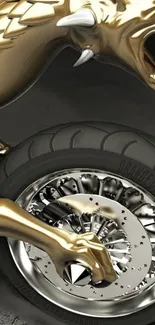 Golden dragon intertwined with motorcycle wheel, rich with detail.