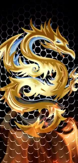 Golden dragon with flames on a dark background wallpaper.