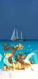 Golden dragon over vivid blue sea with sailboat scene.