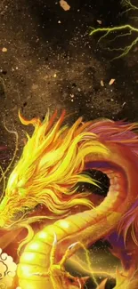 Golden dragon with lightning on dark background, perfect for mobile wallpaper.