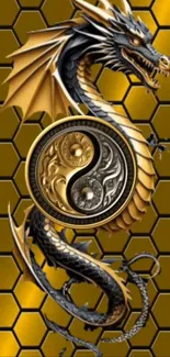 Intricate golden dragon with yin yang symbol on hexagonal pattern background.