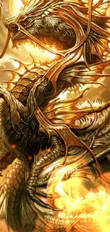 Majestic golden dragon in fantasy art wallpaper.