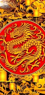 A golden dragon design with intricate Asian art on a black background.