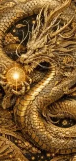 Intricate golden dragon holding a glowing orb.