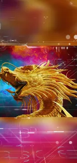 Golden dragon with tech elements on vibrant background.