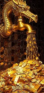 Golden dragon faucet pouring gold coins and bars in an ornate design.