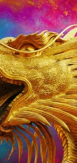 Golden dragon sculpture with vibrant colors in background.