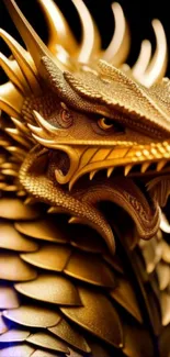 Golden dragon close-up with detailed scales in a majestic pose.