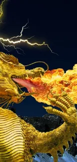 Golden dragon breathing fire in a night sky, vibrant fantasy art wallpaper.