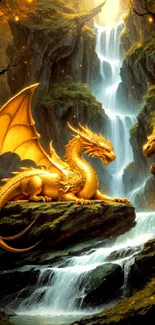 Majestic golden dragon by a serene waterfall with lush greenery.