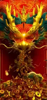 Golden dragon with coins on red background wallpaper.